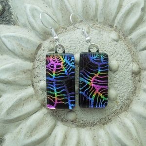 Dichroic fused glass rainbow dangle earrings 1254